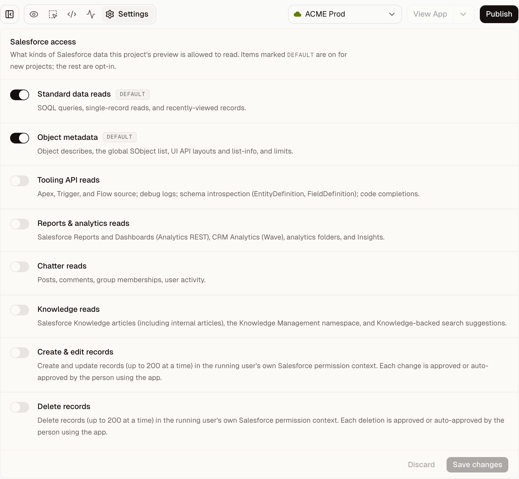 Salesforce access settings showing all 8 controls, with only Standard data reads and Object metadata enabled.