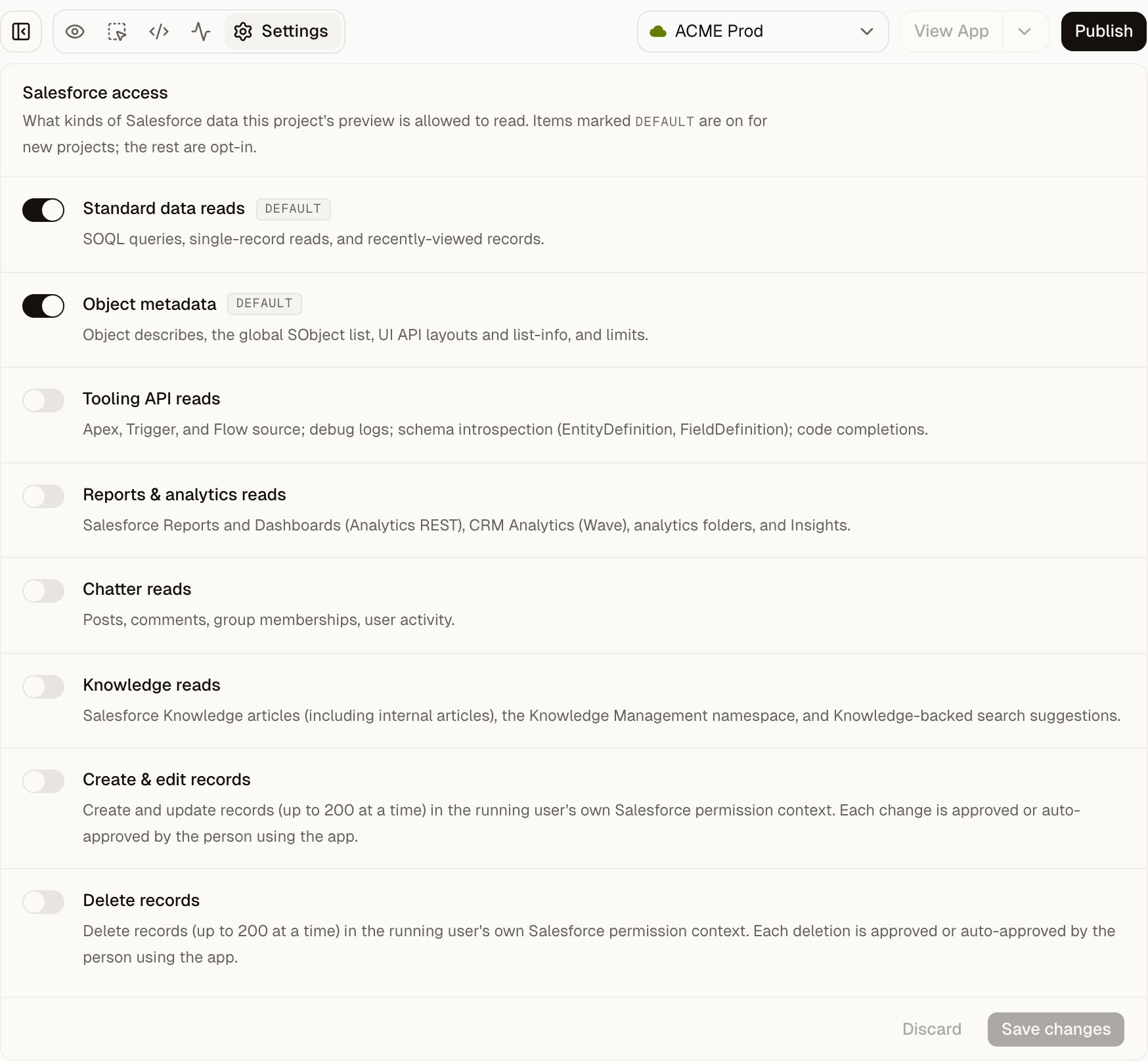 Salesforce access settings showing all 8 controls, with only Standard data reads and Object metadata enabled.