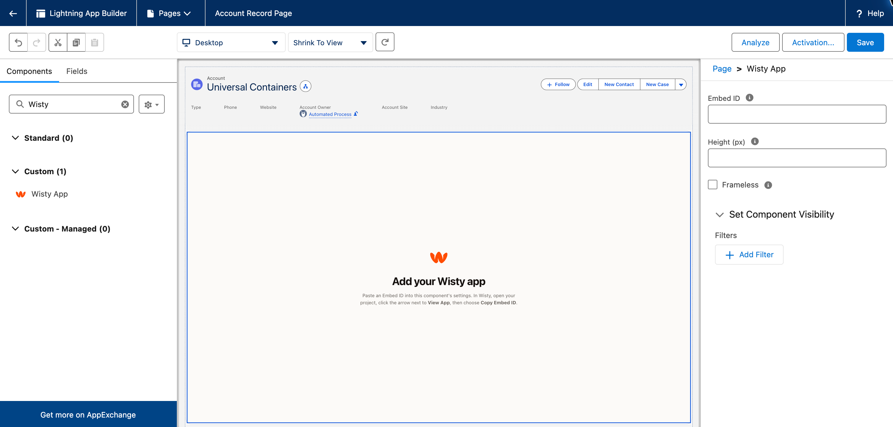 Lightning App Builder with Wisty in the component search, Wisty App placed on the Universal Containers account record page, and the Add your Wisty app prompt.
