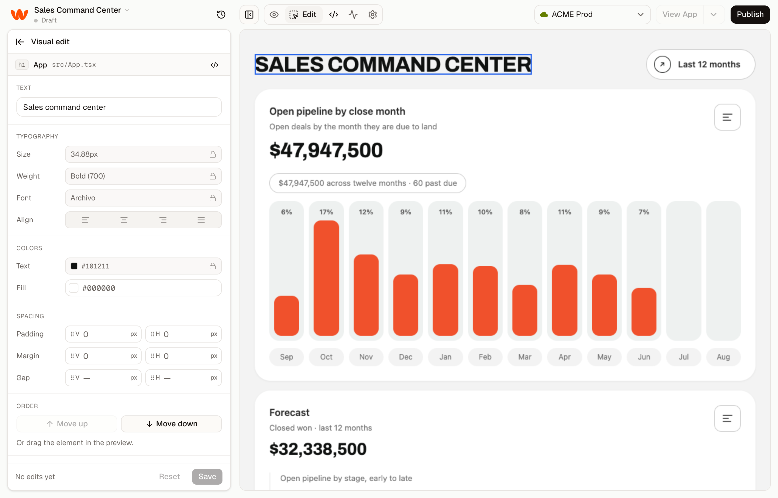 Visual editor with the Sales Command Center heading outlined and its text, typography, color, and spacing controls on the left.