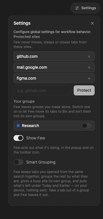 The Settings button and the panel it opens: the protected sites list, your groups with a switch each, and the Show Few and Smart Grouping switches.