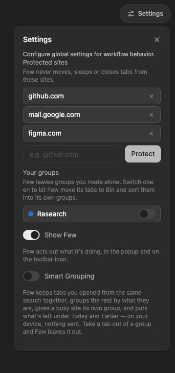 The Settings button and the panel it opens: the protected sites list, your groups with a switch each, and the Show Few and Smart Grouping switches.