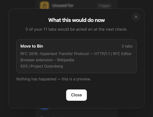 The test dialog: three of eleven tabs would be moved to Bin at the next check, each listed by title.