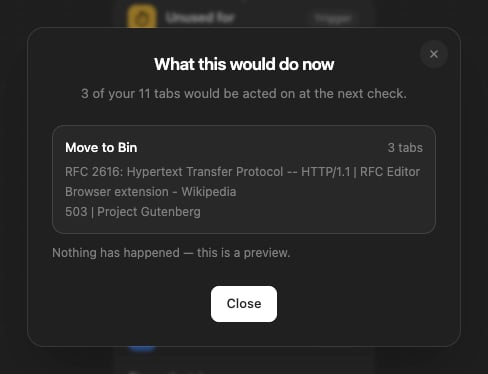 The test dialog: three of eleven tabs would be moved to Bin at the next check, each listed by title.
