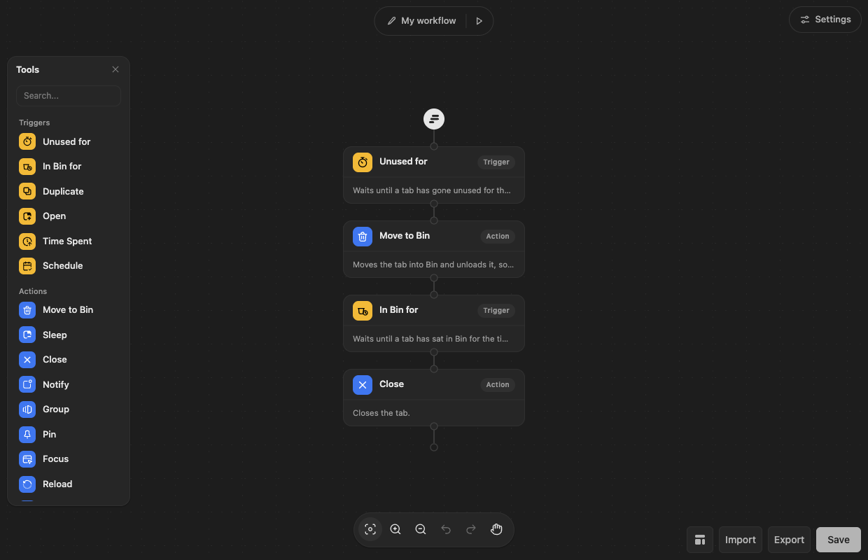 The WithFew workflow editor with the default four-step workflow, and the toolbox open with its steps grouped into triggers, actions and logic.