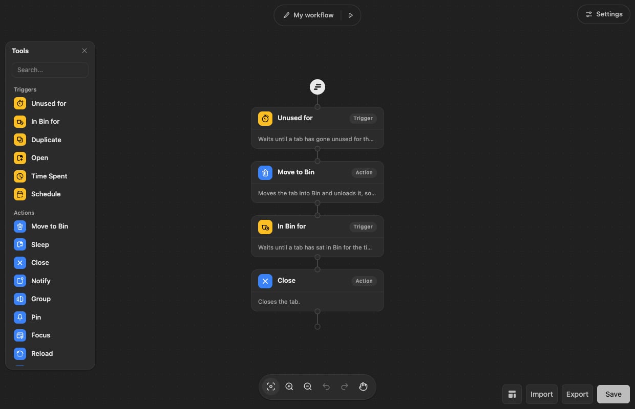 The WithFew workflow editor with the default four-step workflow, and the toolbox open with its steps grouped into triggers, actions and logic.