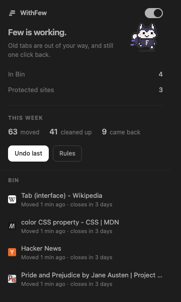 The WithFew popup: Few, a pixel-art fox, running beside the status, four tabs in Bin, three protected sites, and this week's counts.