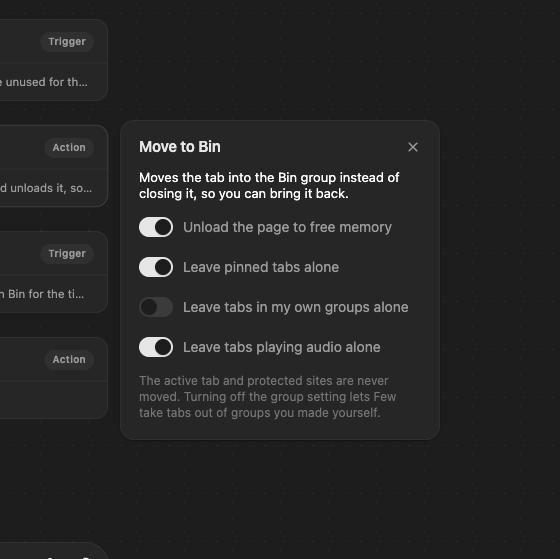The Move to Bin step selected, with its editor open beside it showing four switches.