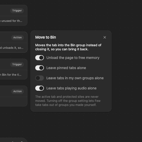 The Move to Bin step selected, with its editor open beside it showing four switches.