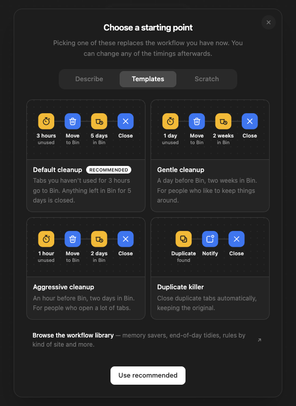 The workflow templates dialog: default, gentle and aggressive cleanup and duplicate killer, each with a picture of its steps, a link to the workflow library, and start from scratch.