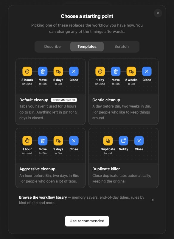 The workflow templates dialog: default, gentle and aggressive cleanup and duplicate killer, each with a picture of its steps, a link to the workflow library, and start from scratch.