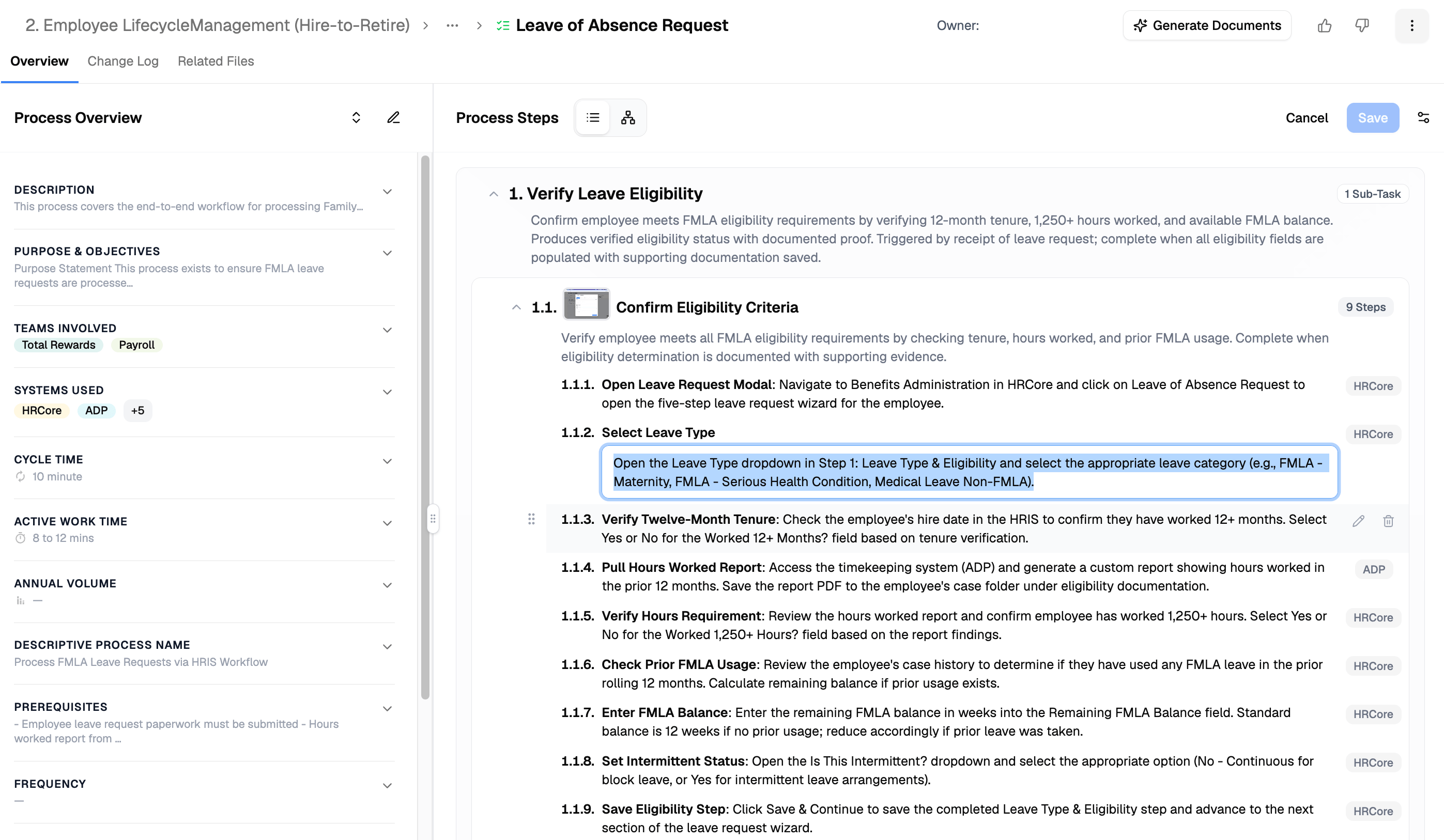A captured process node in review/edit mode, showing extracted steps, systems, and attributes.