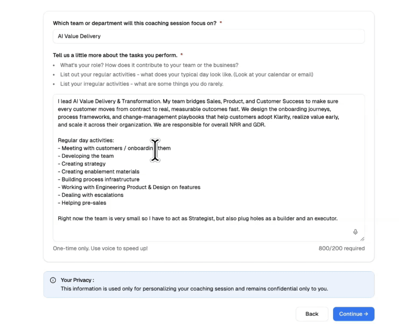 The Companion role profile setup panel, showing fields for job title, responsibilities, systems used, and task types — filled in to describe a user's typical work context.