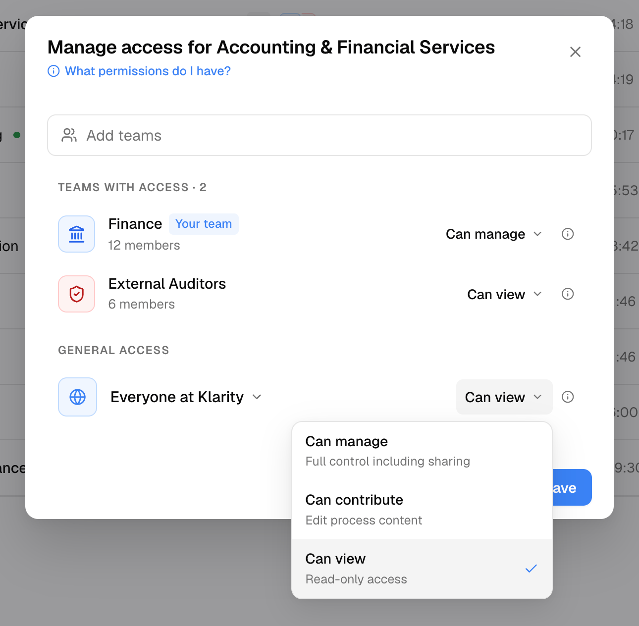 Choosing a permission level for a Team — Can manage (full control including sharing), Can contribute (edit process content), or Can view (read-only access) — in the Manage access dialog.