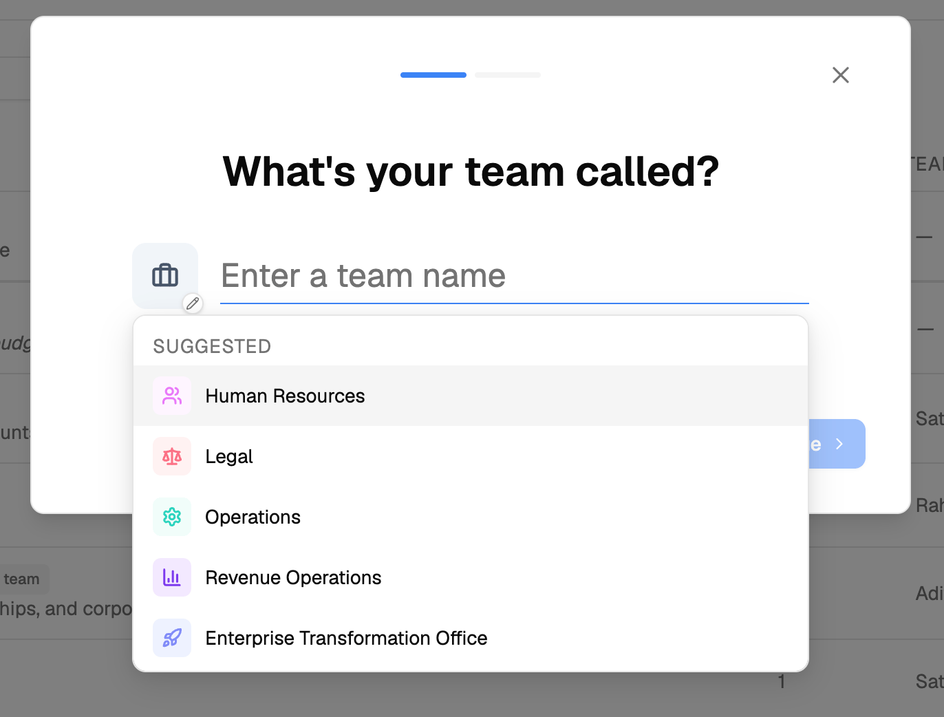 The first step of creating a Team, naming the Team and choosing an icon, with suggested names such as Human Resources, Legal, and Operations.