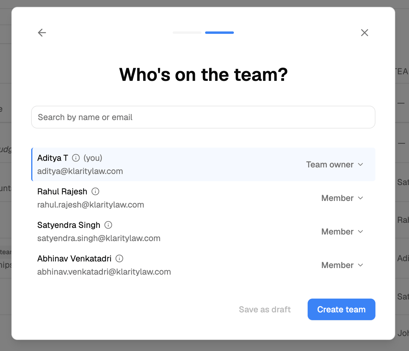 The second step of creating a Team, adding members by name or email and setting each person as Team owner or Member.