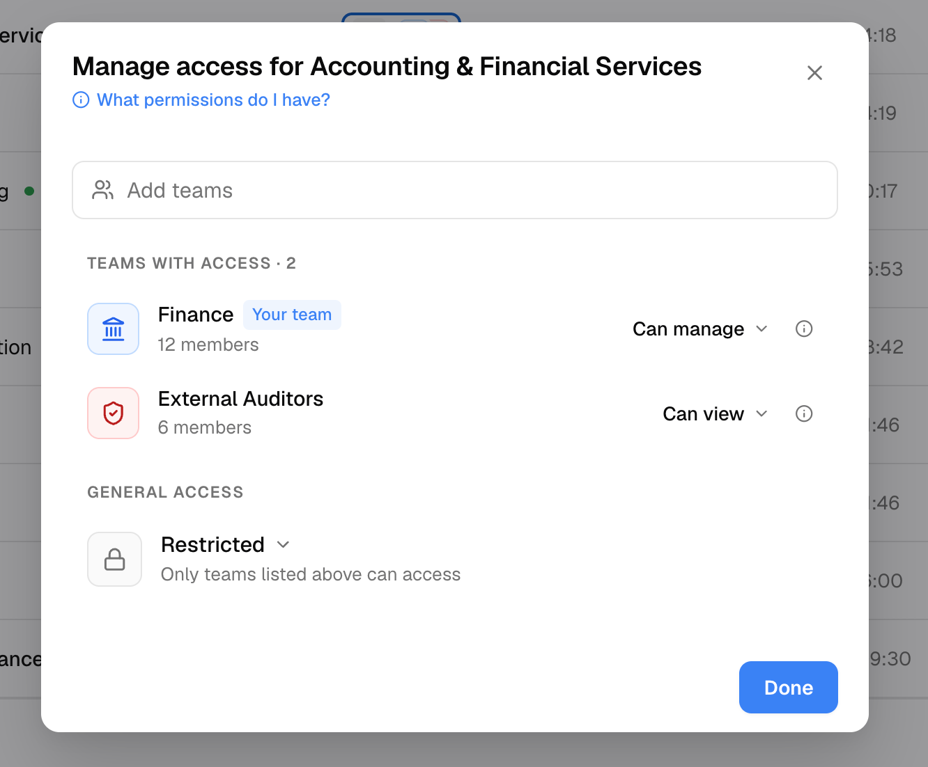The Manage access dialog for a value stream, showing the Finance team with Can manage and External Auditors with Can view, with General access set to Restricted.