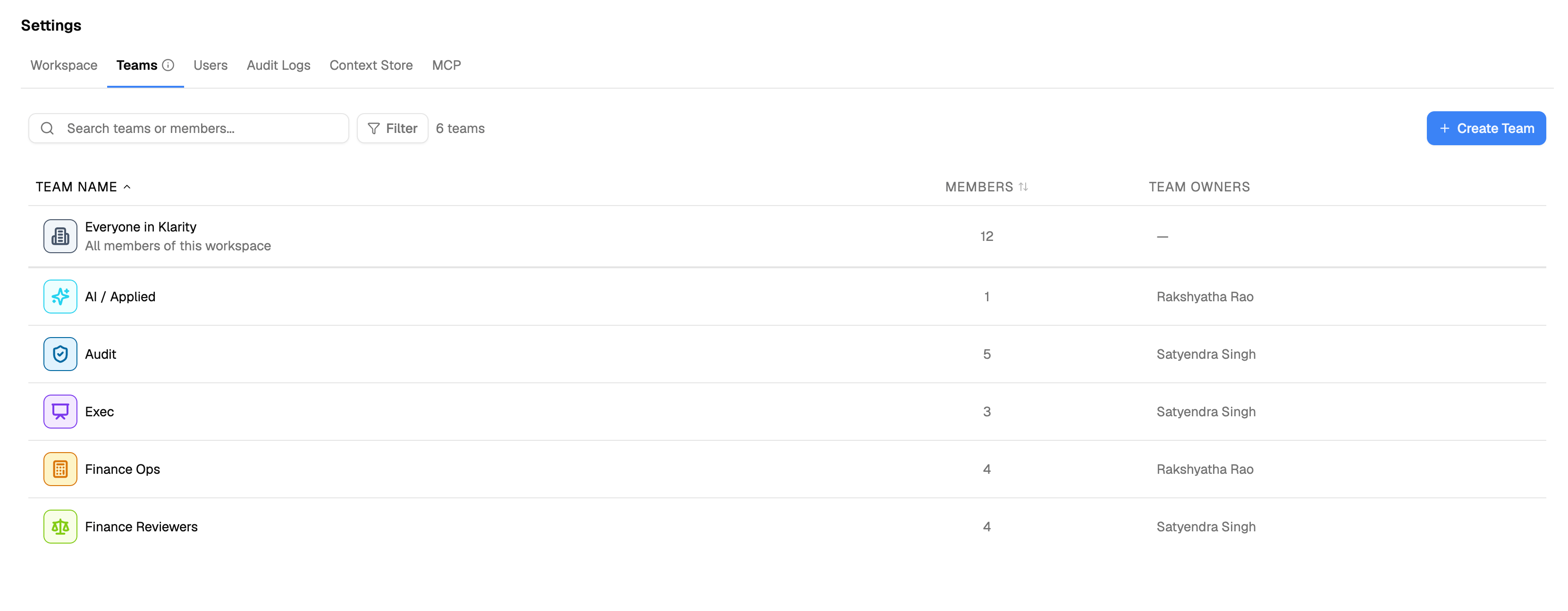 The Teams tab in Settings, listing workspace Teams such as Everyone in Within, Audit, Exec, and Finance Reviewers with their member counts and Team owners, alongside a Create Team button.