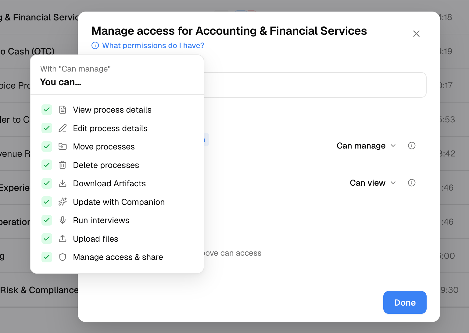 The capability breakdown for the Can manage level, listing what it allows: view and edit process details, move and delete processes, download artifacts, update with Companion, run interviews, upload files, and manage access and share.