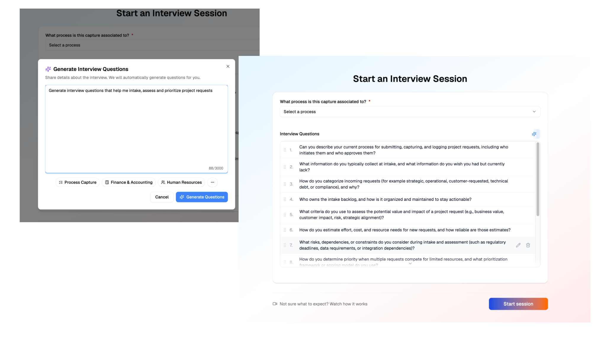 The AI Interviewer configuration showing custom intake questions mapped to BRD fields.