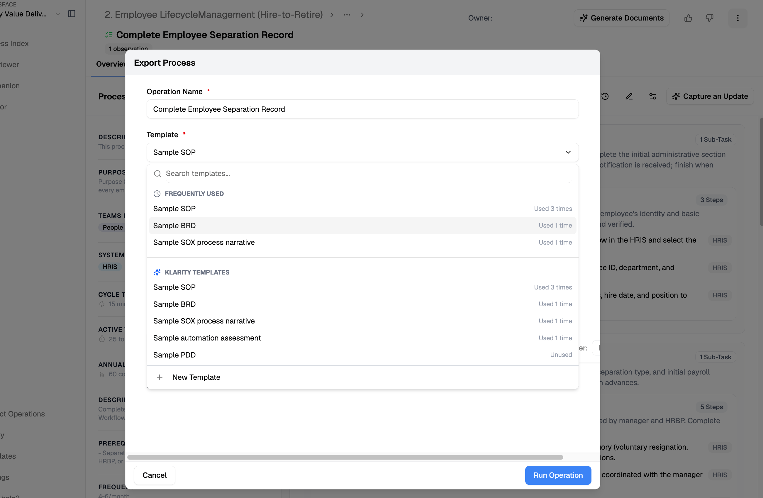 The Export Process dialog with the Template dropdown open, selecting an output template.