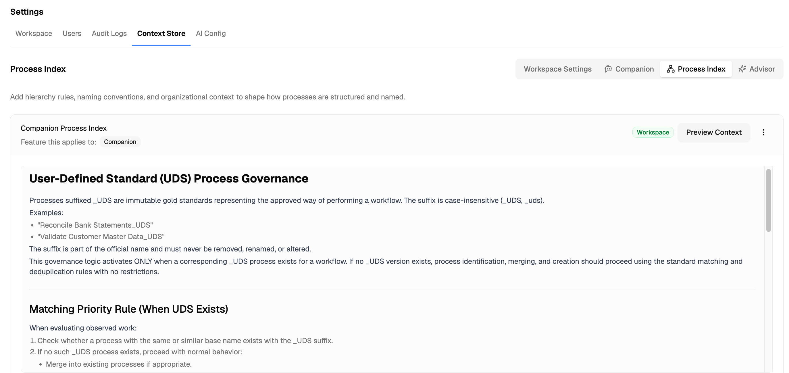 Advisor context store open with the UDS rule pasted under Process Index Rules and Advisor rules.