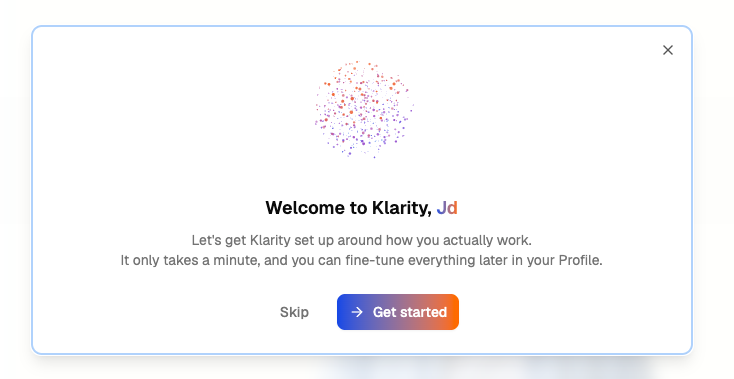 The Assisted Onboarding Wizard for setting up a Companion role profile, guiding a new user through a quick step-by-step setup of their team, role, ownership, tools, and typical day.