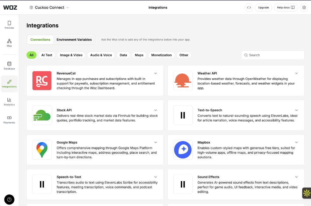 Woz Integrations Library overview showing available integrations