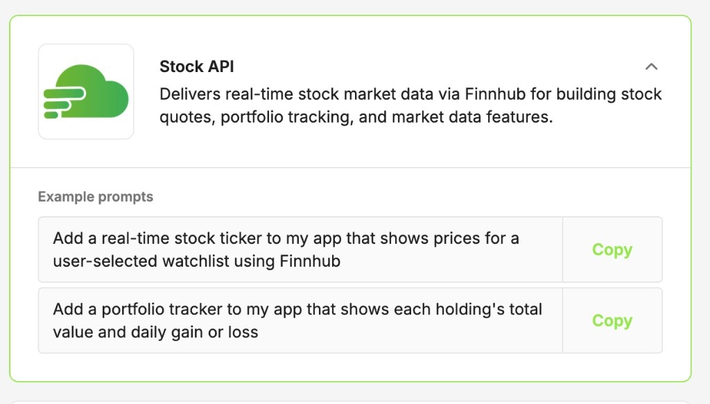 Stock API integration with example prompts