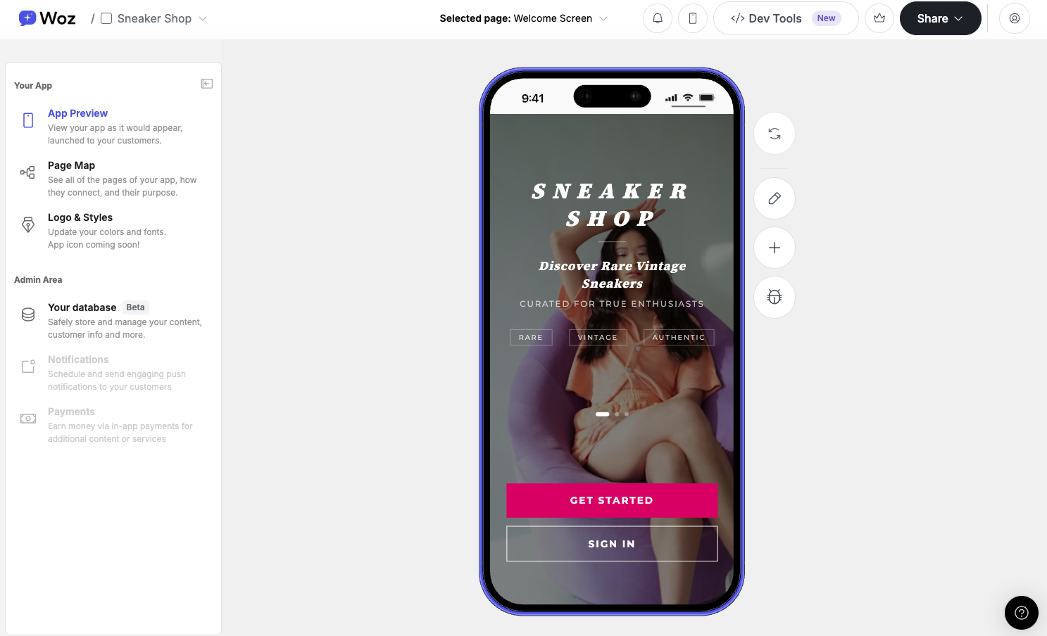 App Preview page showing mobile app preview in browser