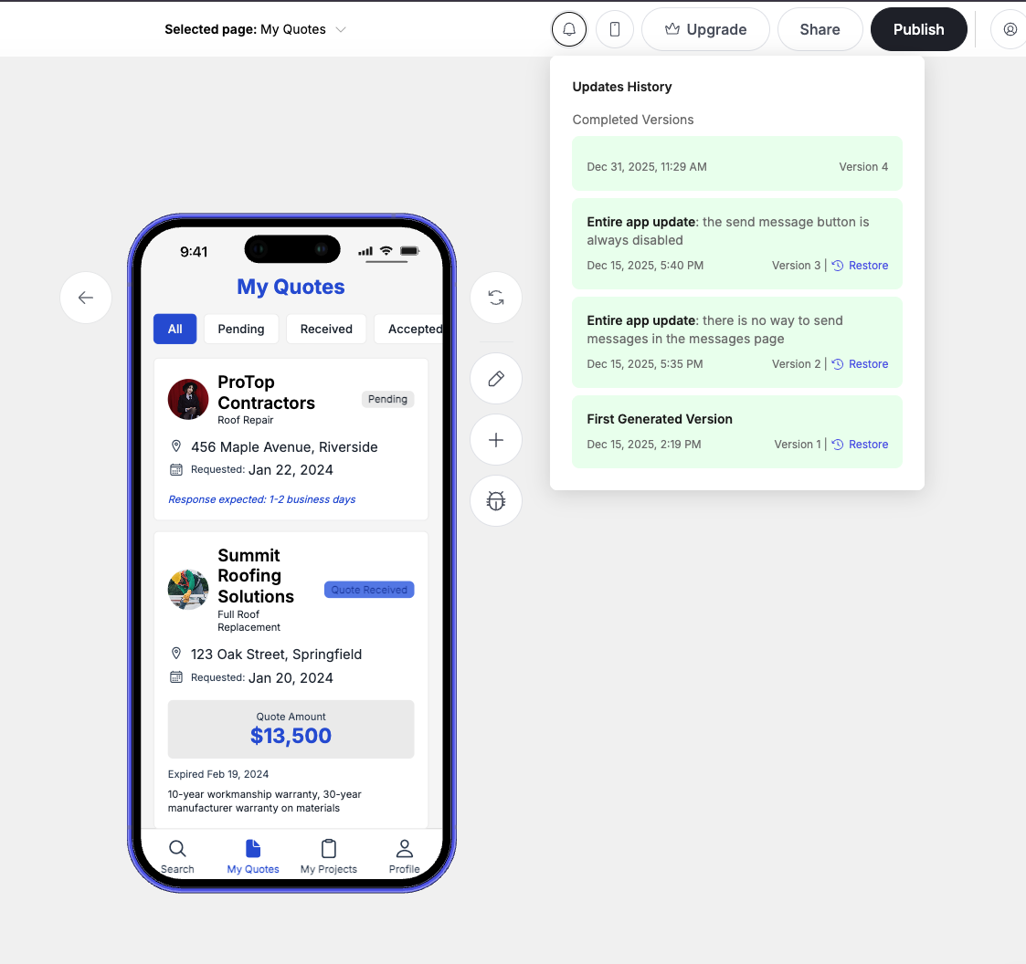Version History panel showing Updates History with restore options