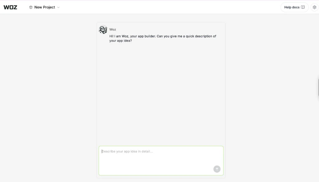 Woz app builder interface showing the prompt to describe your app idea
