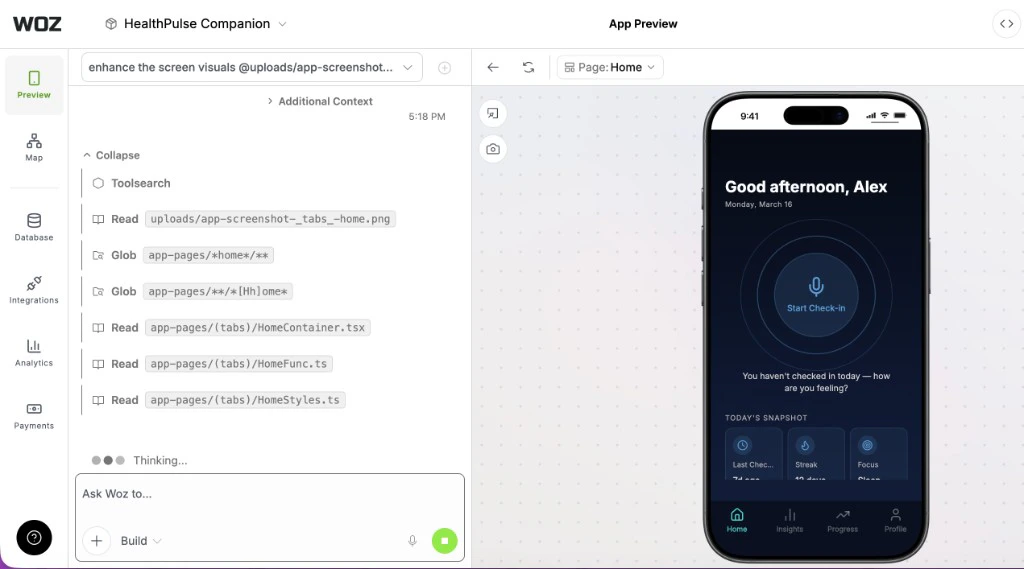Woz App Preview panel showing live app preview and chat interface for refining the app