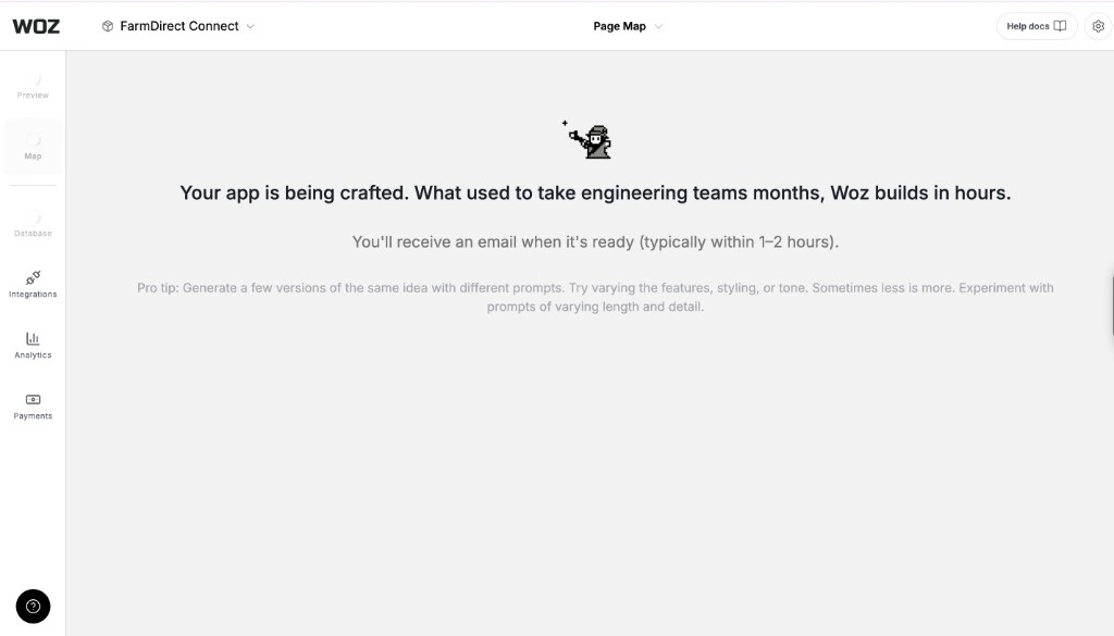 Woz app builder interface showing Your app is being crafted message with a pixel art wizard icon