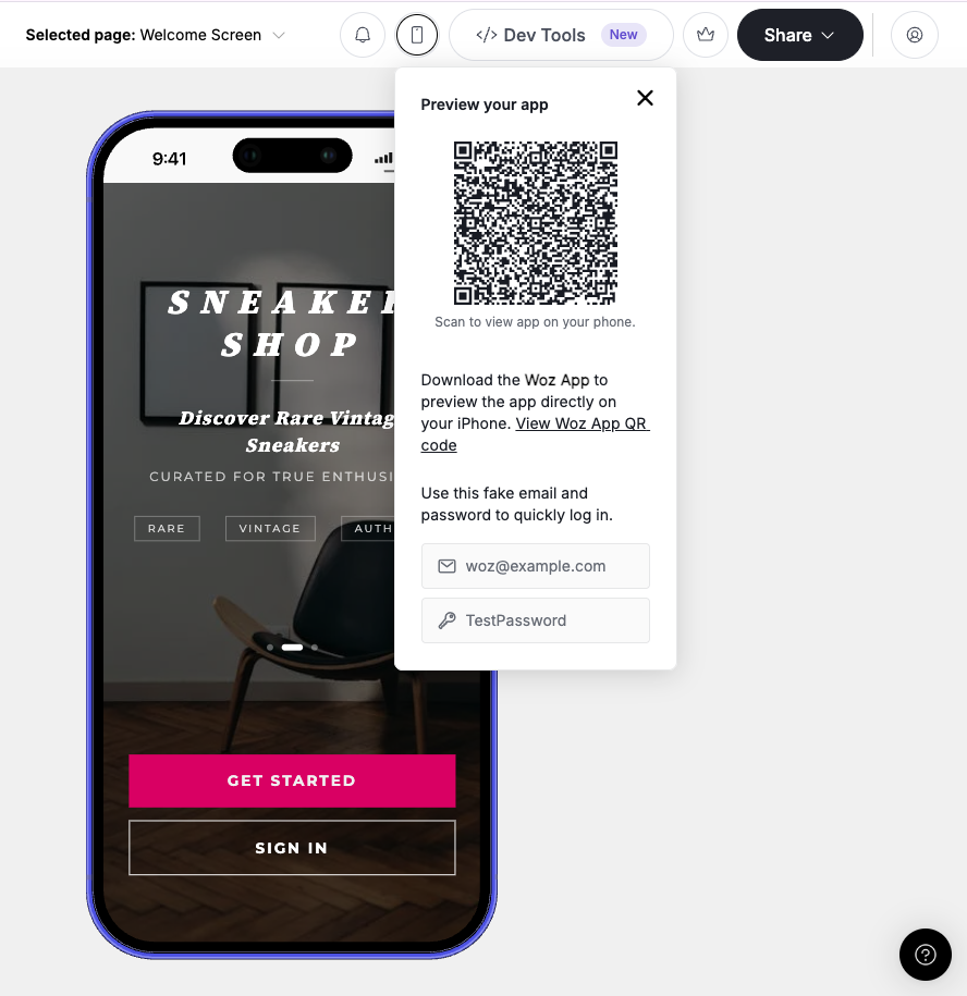 Preview your app modal showing QR code for mobile preview