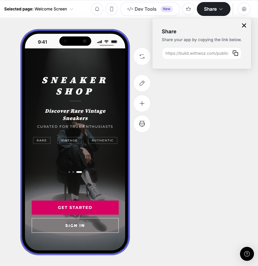 Share button and shareable link interface