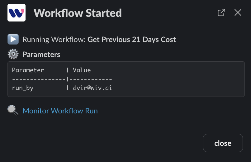 Workflow execution confirmation with run details