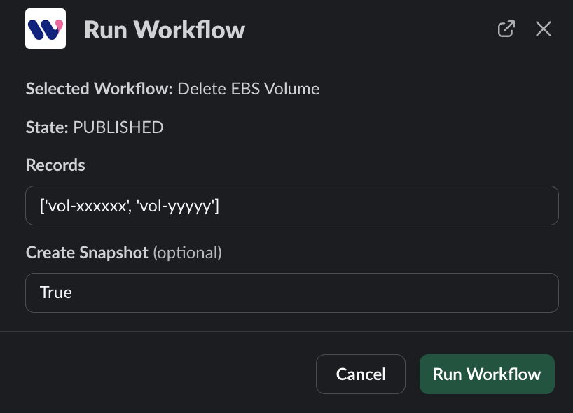 Workflow parameter configuration dialog in Slack