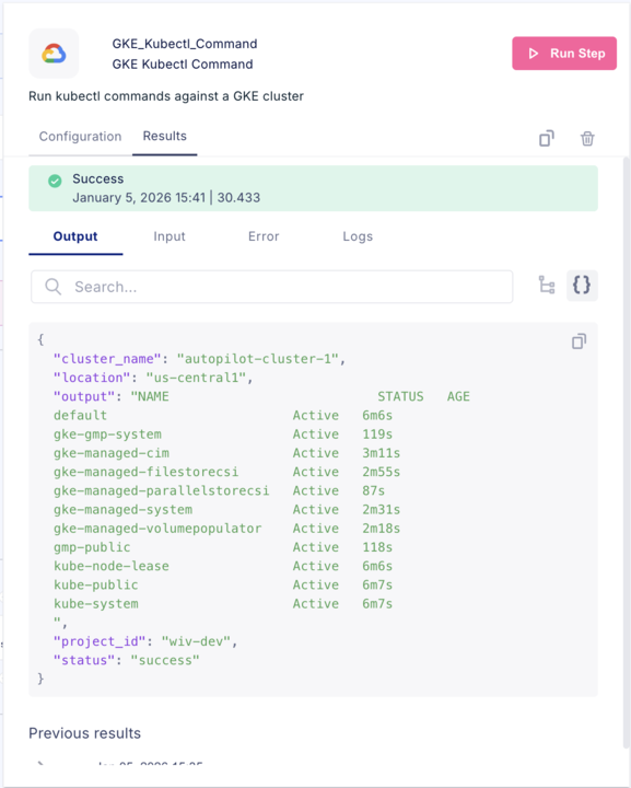 GKE kubectl command output results