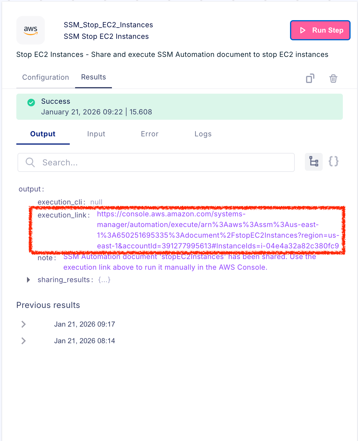 Workflow step output details