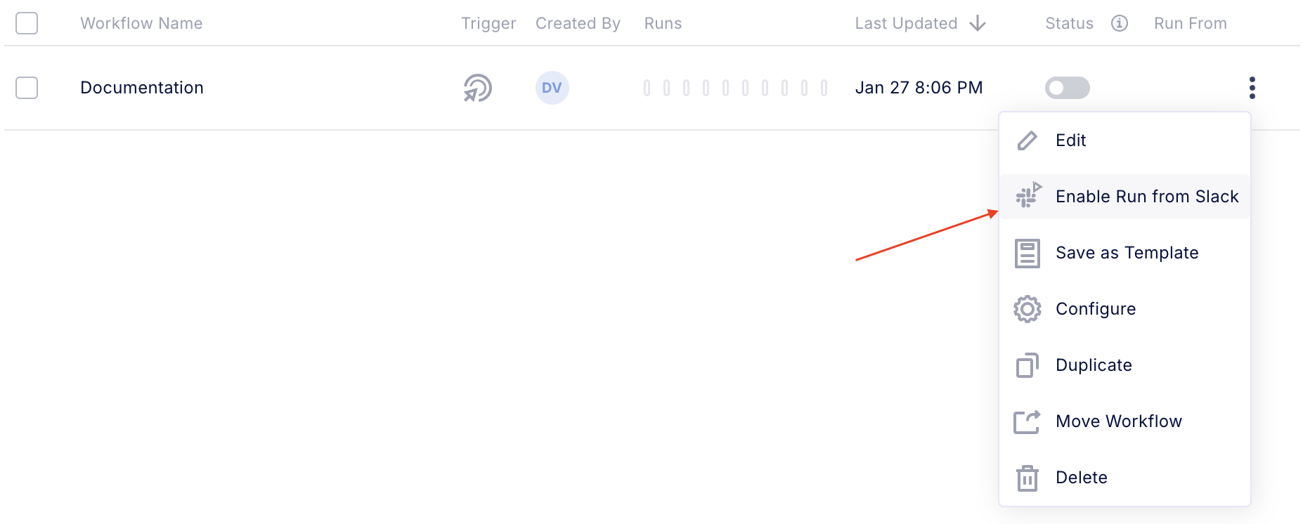 Enabling a workflow for Slack execution from the workflows page menu