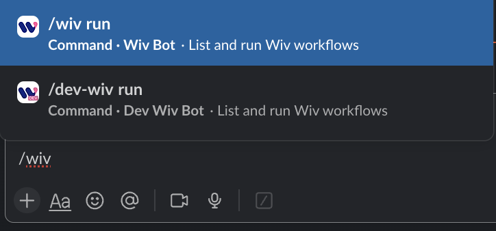 Slack message box showing available Wiv bot commands