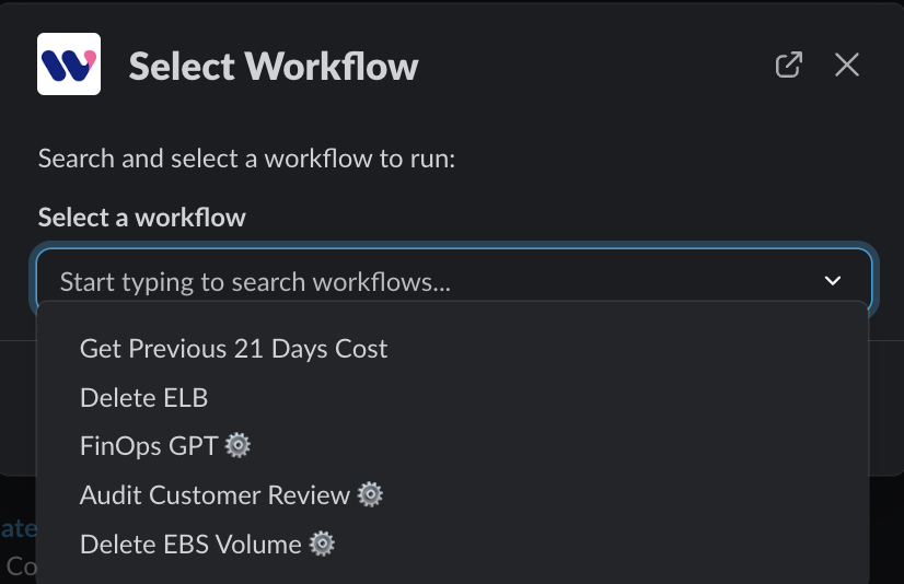 List of available workflows to run from Slack