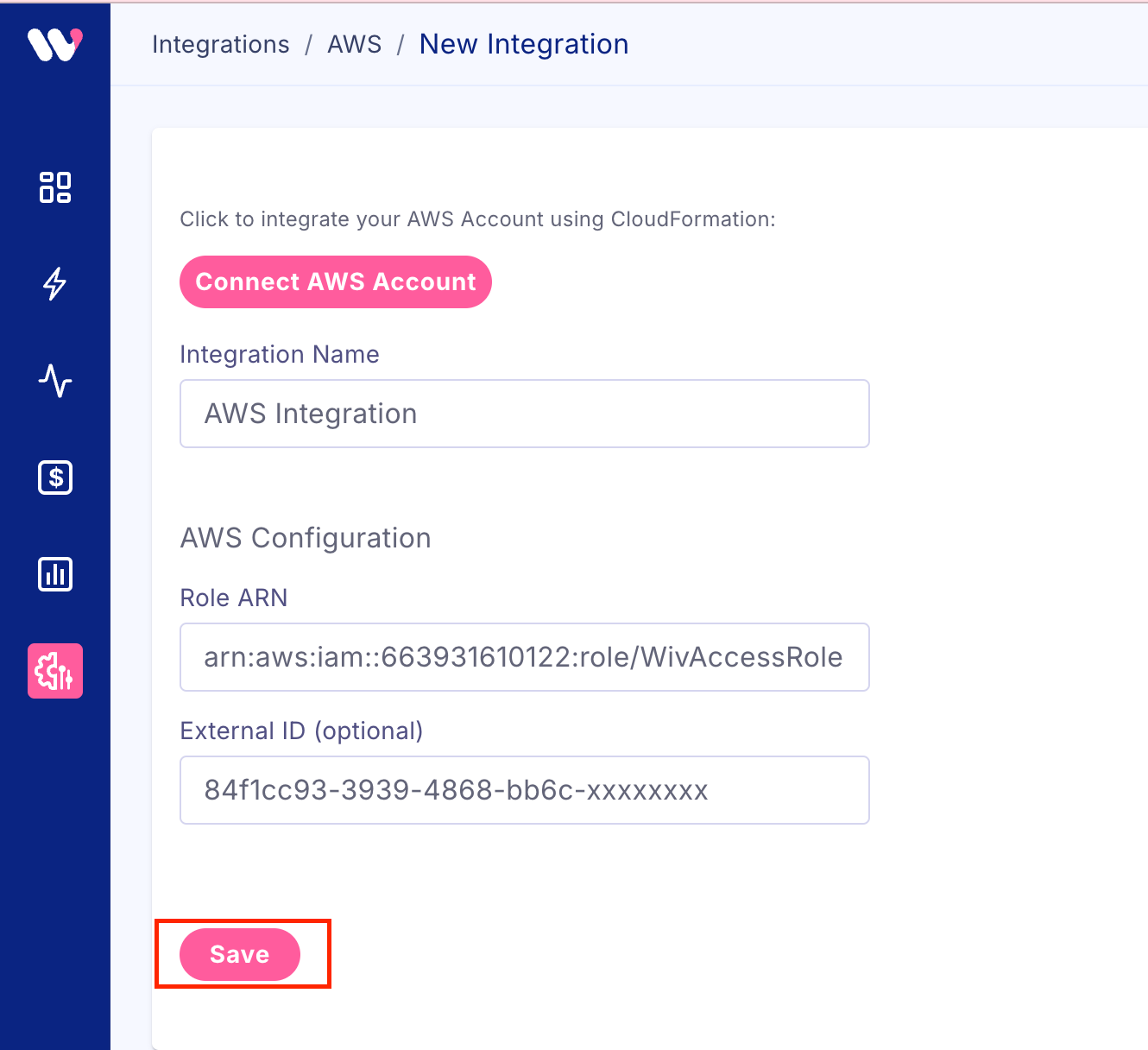 Stack output parameters including Role ARN and External ID
