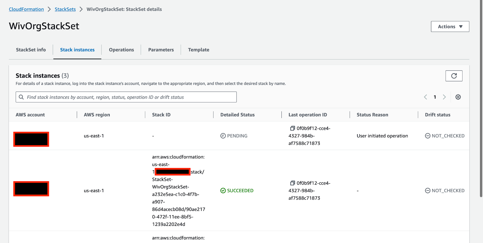Stack instances tab showing linked accounts