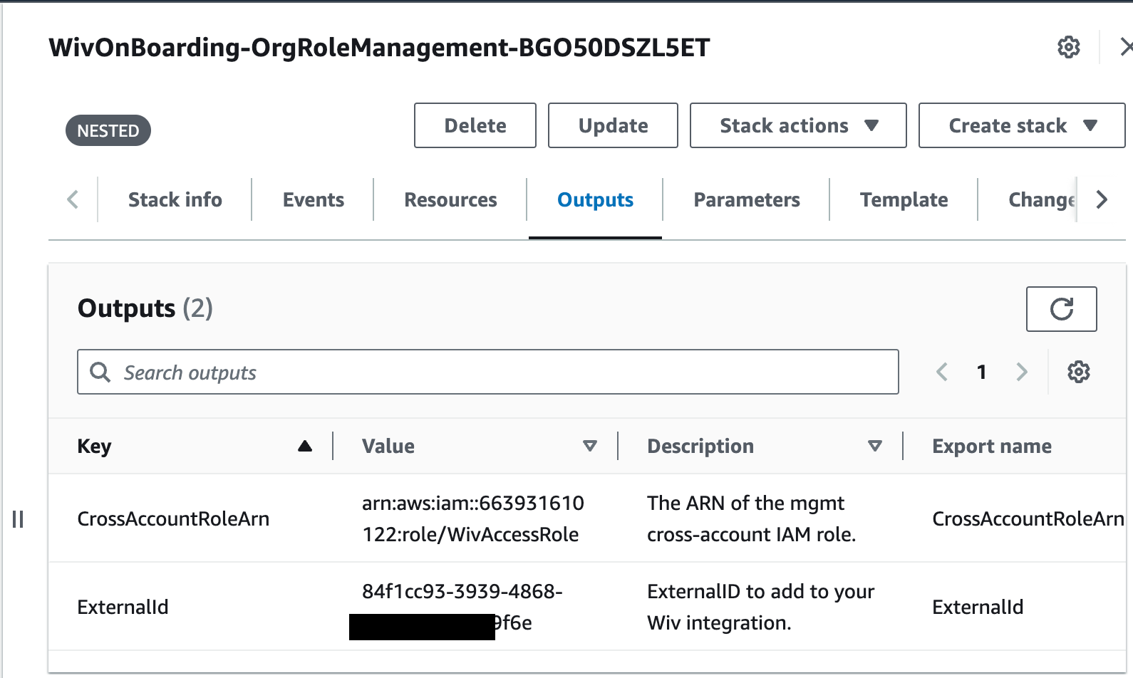 CloudFormation nested stack outputs showing Role ARN
