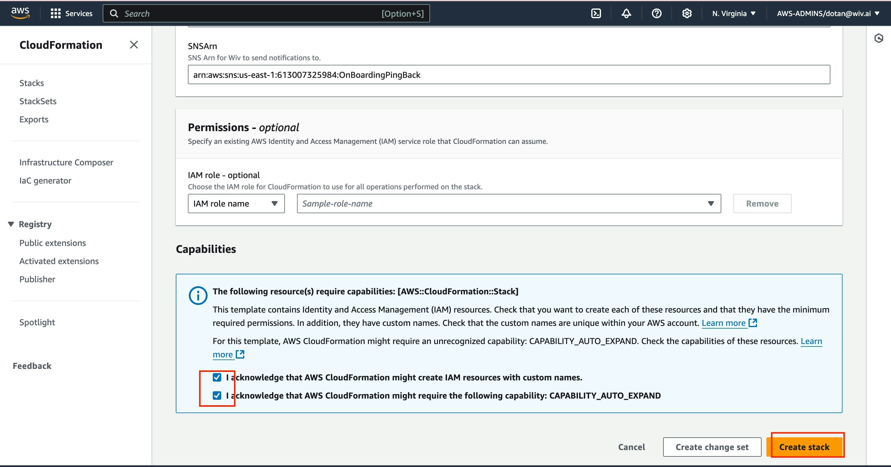 CloudFormation Create Stack page with checkboxes