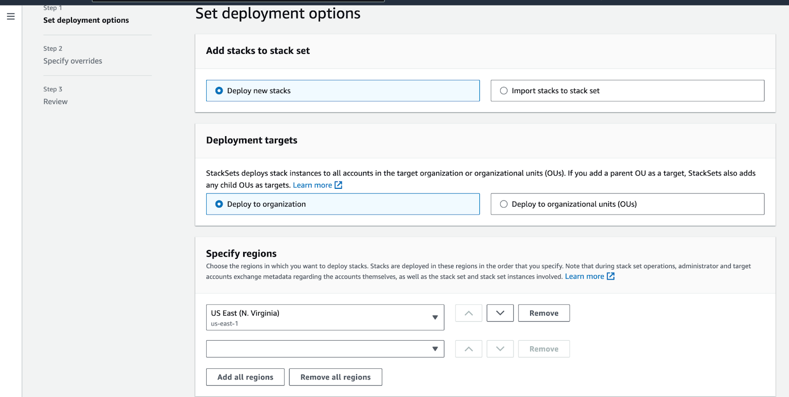StackSet deployment options and region selection