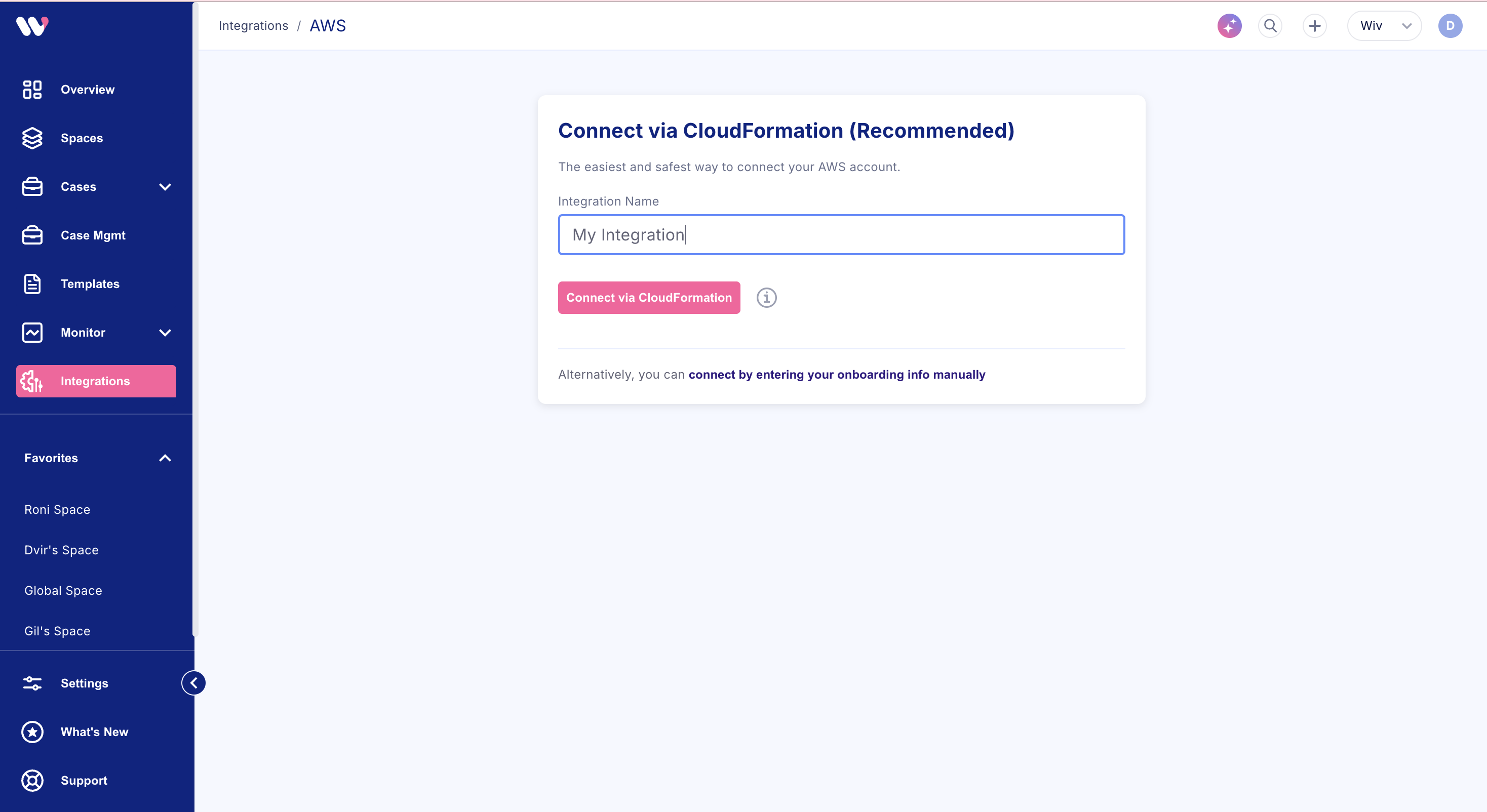Wiv AWS integration setup with Connect via CloudFormation button