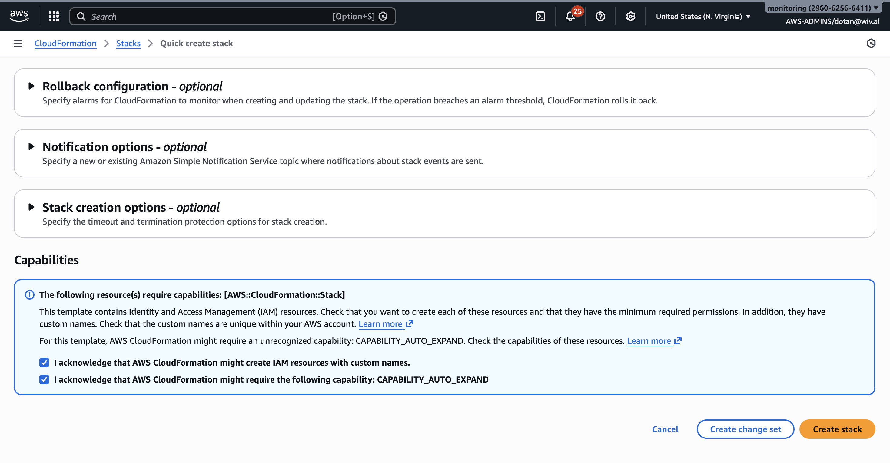 CloudFormation stack creation page